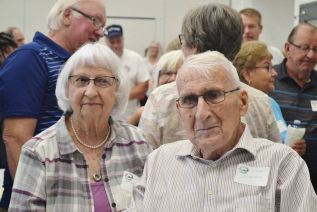 Sheila Weeks and Tom Hughes, from the class of ’48 (Gary Hawley, who is also from the class of ’48, attended the union but left before the picture was taken)